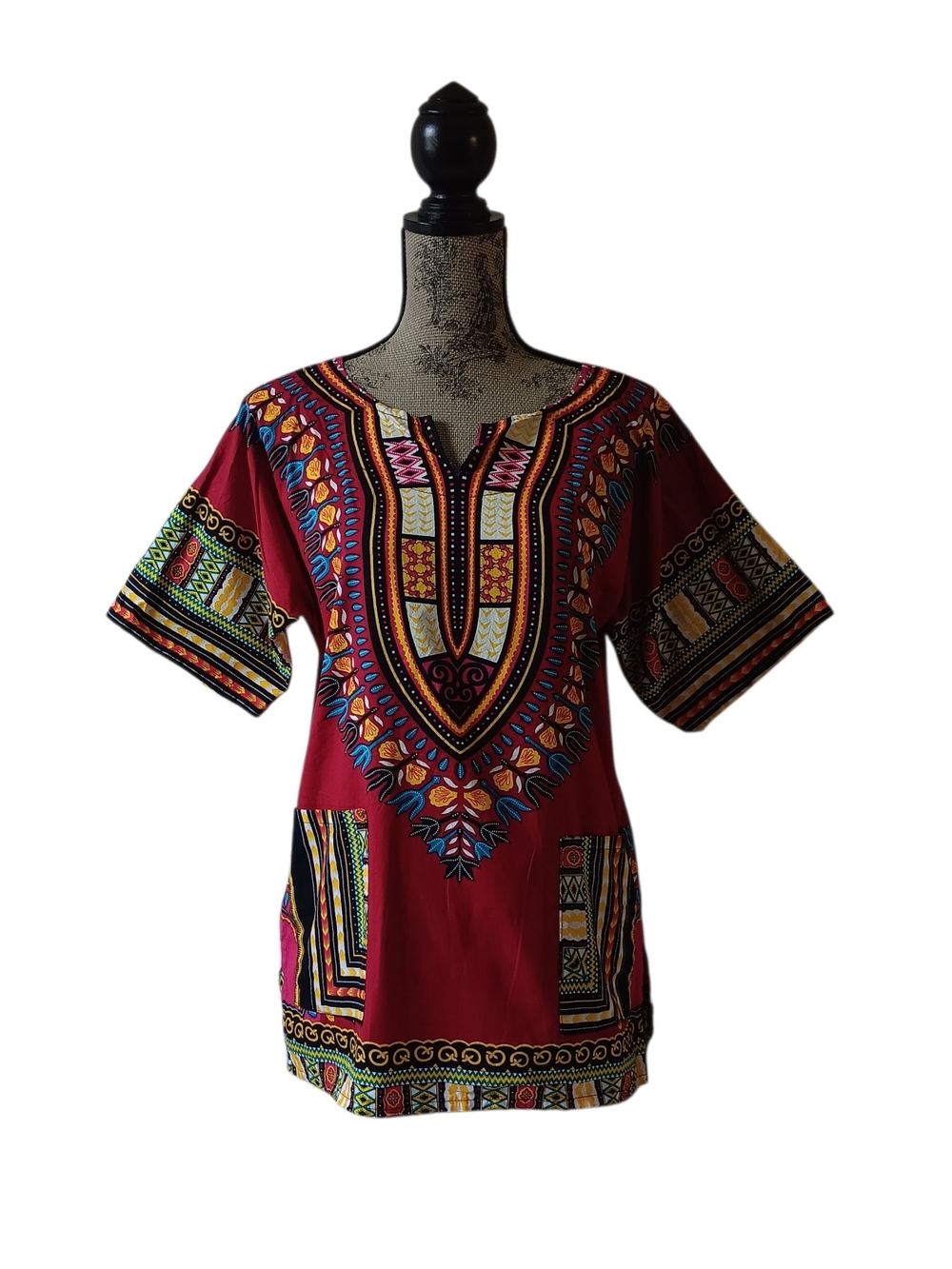Maroon Dashiki-Print Short-Sleeve Tunic Top